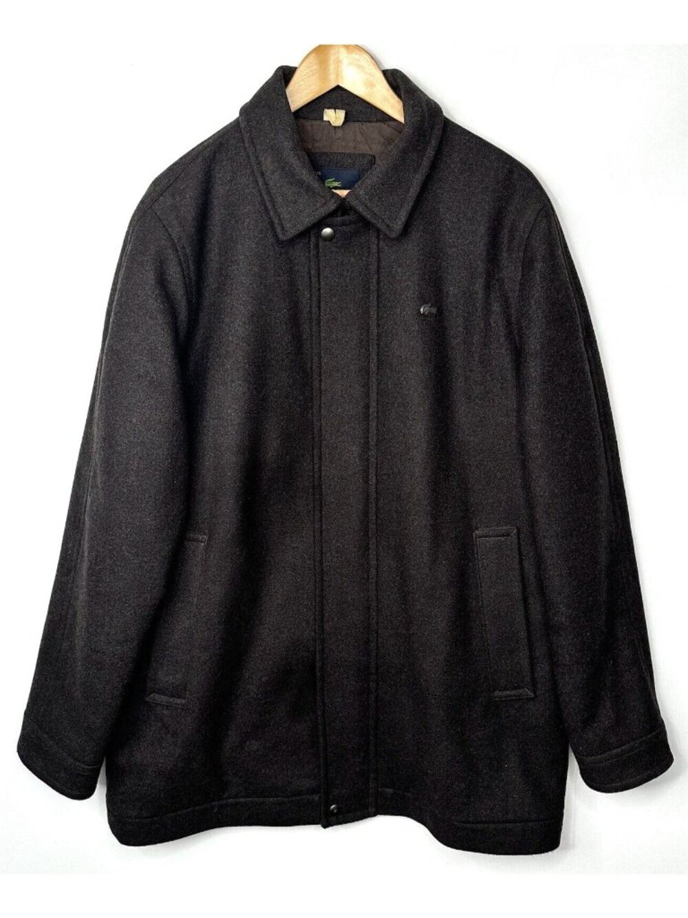 Lacoste Mens Wool Blend Car Coat Gray Full Zip Snap Front Lined Collared 52 L
